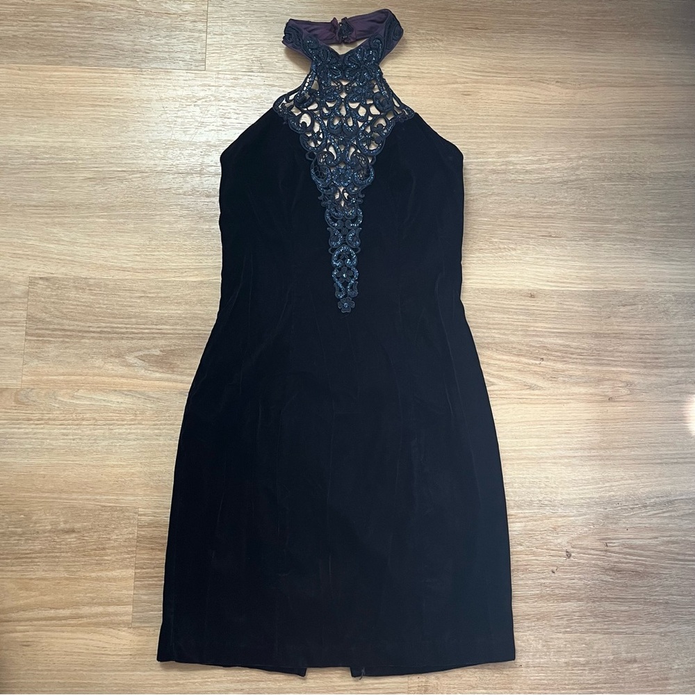 Vintage 1980 Blue Purple Velvet Sequin Halter Collar Dress